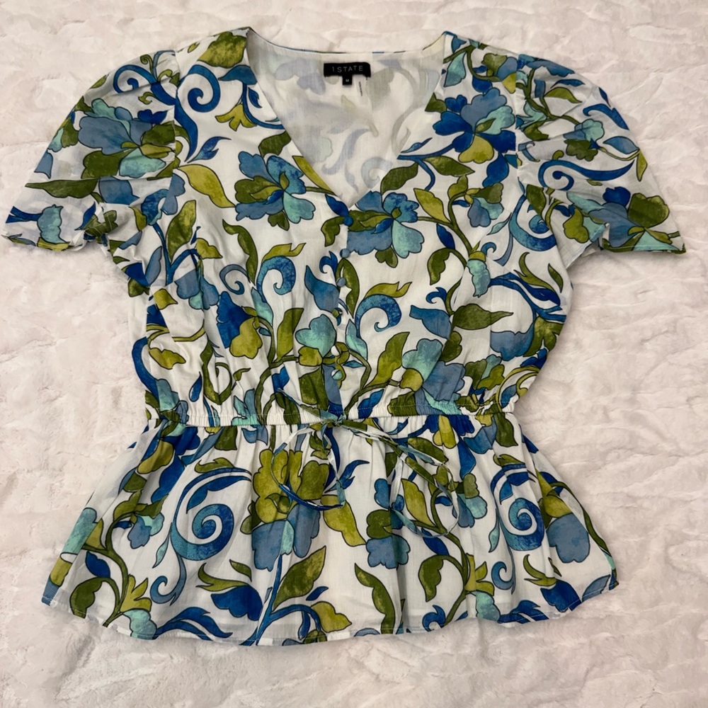 Unique 1. State Floral V-Neck Blouse - Blue and Green